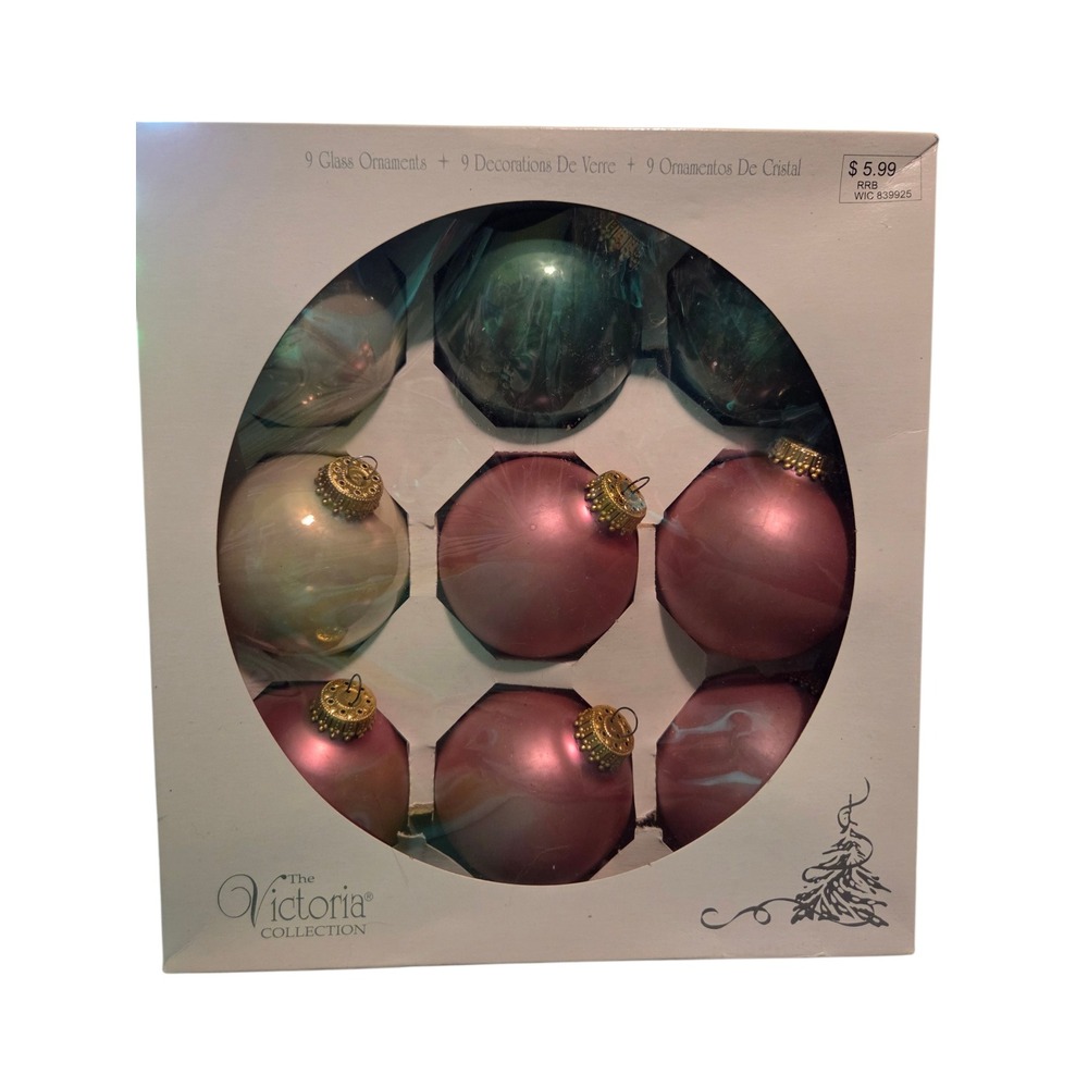Krebs Glass Ornaments 9pc Set The Victoria Collection Pink Green Gold 2.5" Rauch